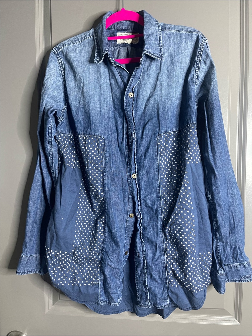 Current/Elliott Two-Tone Denim Button-Up blouse top with Polka Dot Panels - Blue